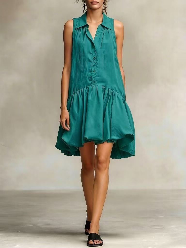 Women's Solid Color Sleeveless Ruffle Patchwork Pleated Skirt Single Breasted Shirt Collar Summer New_ecoleips.com
