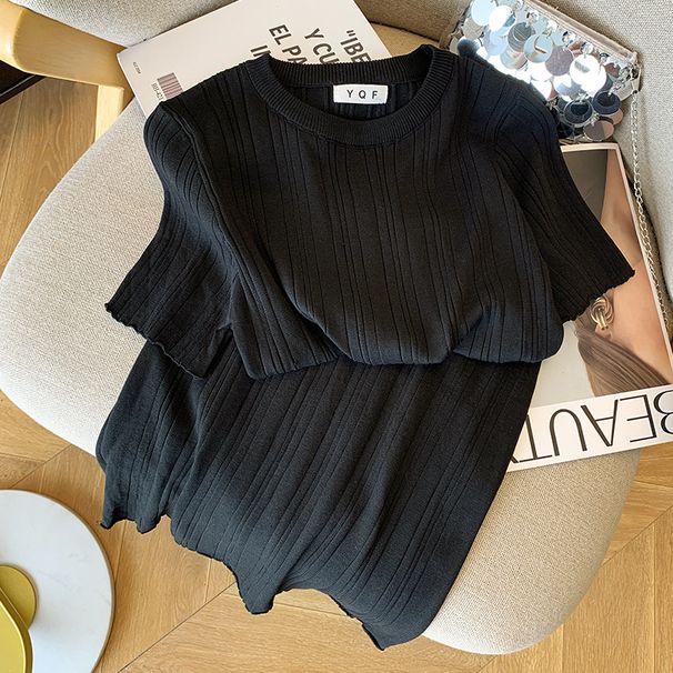 Women's Clothing Round Neck Short Sleeve Dress Sweet Solid Color Versatile Knitted Skirt_ecoleips.com