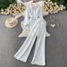 Minimalist Striped Sun Protection Set – Long-Sleeve Shirt With Drawstring Waist & Wide-Leg Pants, Lightweight & Breathable Outfit For Casual Chic_ecoleips.com