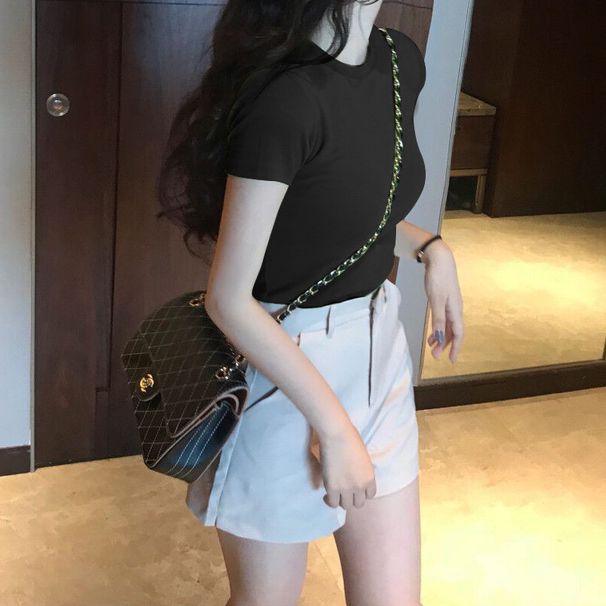 Avocado Green Women's Short Sleeve T-Shirt Solid Color Korean Style Slim Fit Matcha Green Summer Top 2026_ecoleips.com