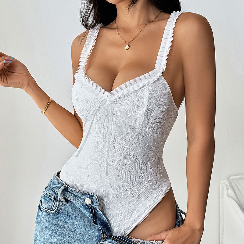 Women's Clothing Spring And Summer New Style Pure Color Slim Sweet Sexy Ins Style Sleeveless Suspender Lace Bodysuit_ecoleips.com