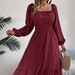 2026 Spring/Summer European And American Casual Solid Color Square Neck Long Sleeve Waist-Cinching Ruffle A-Line Dress_ecoleips.com