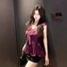 Purely Sensual Style Women's Outfit: Ruffled Purple V-neck Sleeveless Chiffon Blouse And Stylish Black Shorts Two-piece_ecoleips.com