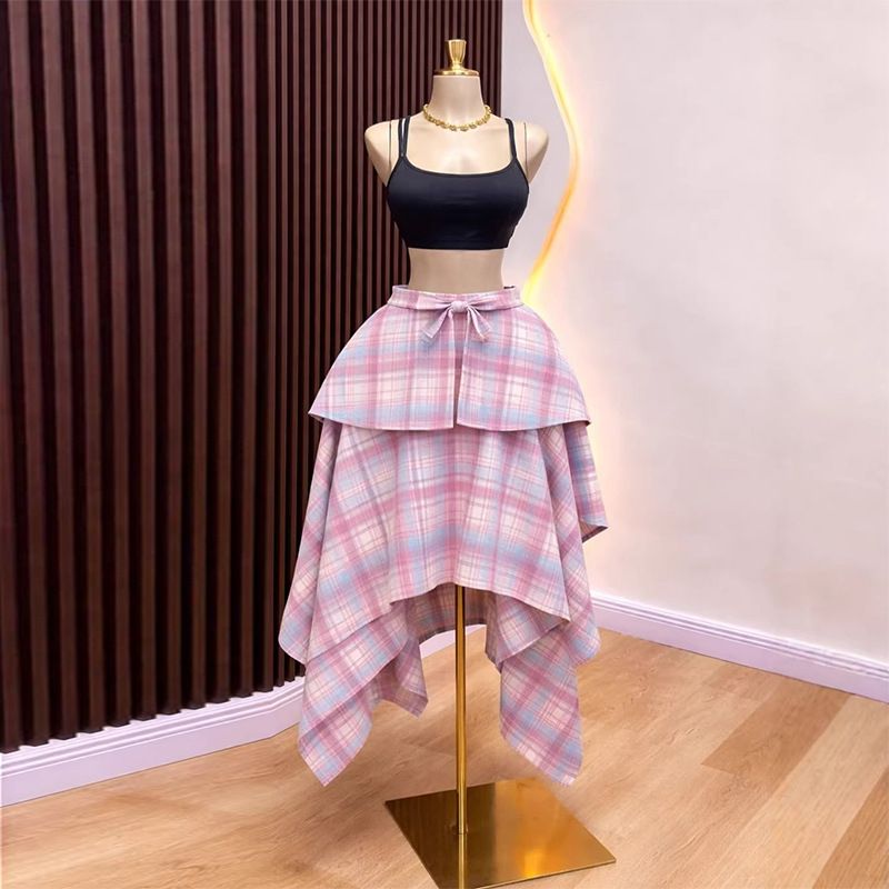 Women's High Waist Plaid Layered Asymmetrical Midi Skirt - Summer Fashion Trend_ecoleips.com