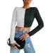 Voya Women's Contrasting Splicing Car Stitching Exposed Short Waffle Long Sleeved T-shirt Autumn/winter Versatile Top_ecoleips.com