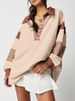 K Casual Versatile Deep V-neck Pullover With Striped Color Blocking Long Sleeved Loose Hoodie Top. No Necklaces Or Other Accessories_ecoleips.com
