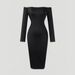 Midi Dress Spring Summer Women Black Satin Off-the-Shoulder Long Sleeve Pearl Trim Bodycon Trendy Sexy Party Cocktail Dress_ecoleips.com