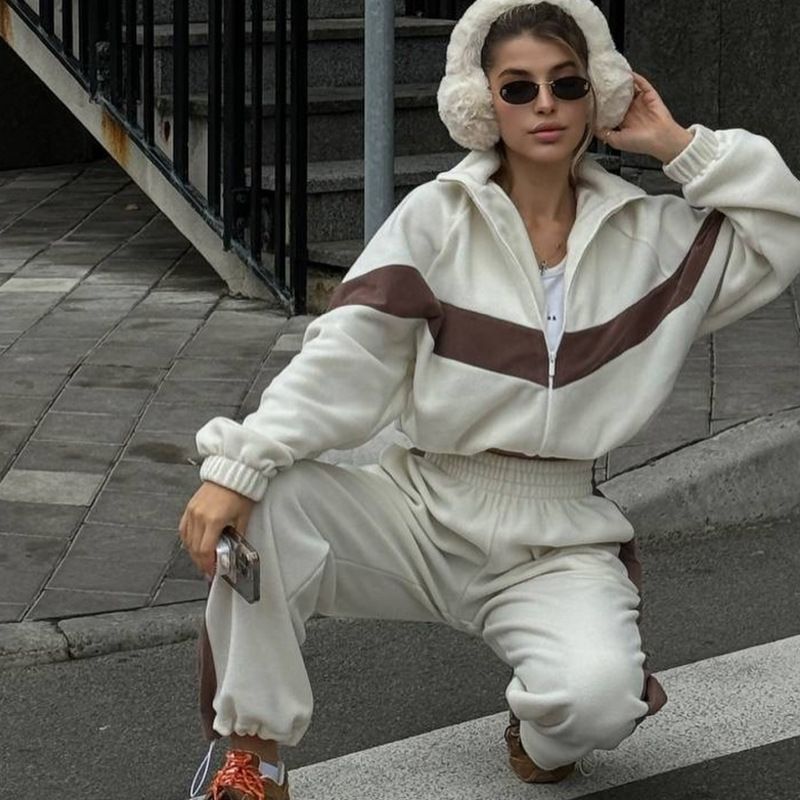 Women's Ou Manman Polar Fleece Two Piece Set Solid Color Lapel Zipper Long Sleeve Fashion Trousers Suit For Autumn Winter_ecoleips.com