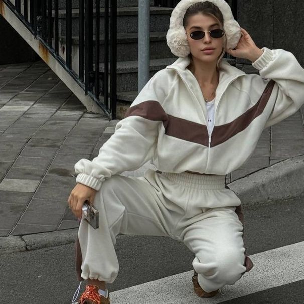 Women's Ou Manman Polar Fleece Two Piece Set Solid Color Lapel Zipper Long Sleeve Fashion Trousers Suit For Autumn Winter_ecoleips.com