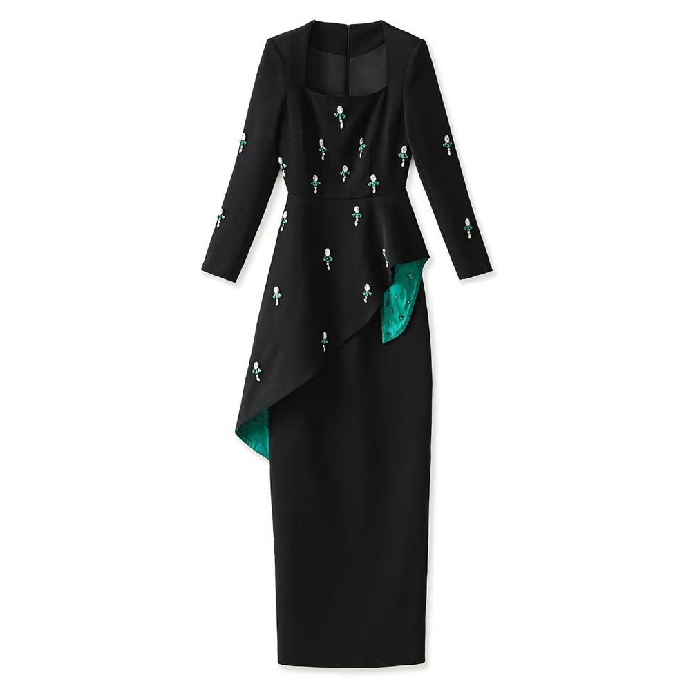 K New Fashion Style Dress Heavy Duty Nail Bead Long Sleeve Skirt Splicing Square Collar Waist Bag Hip Skirt_ecoleips.com