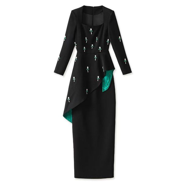K New Fashion Style Dress Heavy Duty Nail Bead Long Sleeve Skirt Splicing Square Collar Waist Bag Hip Skirt_ecoleips.com