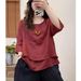 Summer Solid-Color Loose Pullover T-Shirt, Round-Neck Women's Artistic Retro Forest-Themed Short-Sleeved Cotton And Line_ecoleips.com