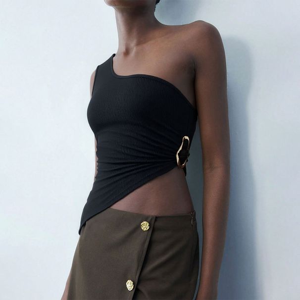 Solid Color Slim-fit Off-shoulder Camisole For Women, Summer Short Slightly Stretchy Polyester, Sexy Hot Girl Style,_ecoleips.com