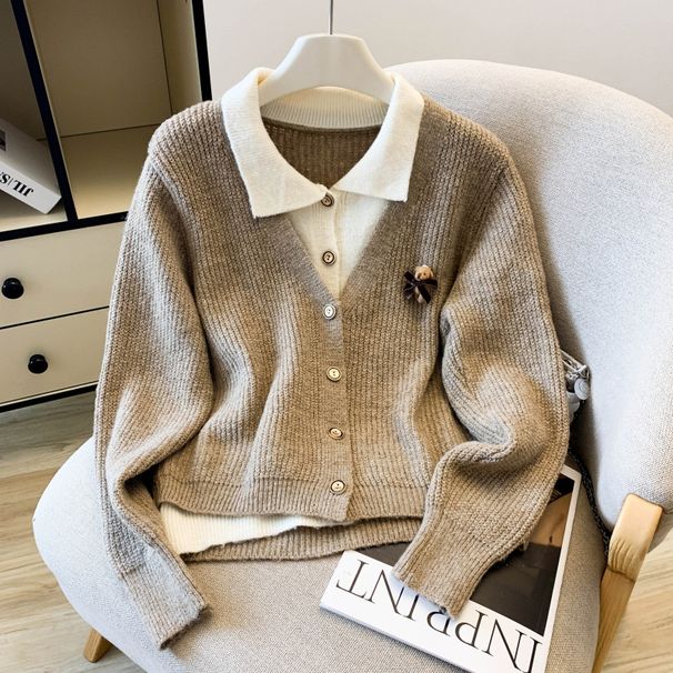Elegant Notch Lapel Knit Cardigan For Women - Winter Staple With Fake Two-Piece Design, 3D Effect, Long Sleeve (Gray/Black/Red/Khaki/Beige)_ecoleips.com