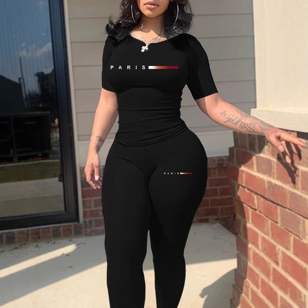Women's Clothing American Style Fashion Set Tight-Fitting T-Shirt And Pants Short-Sleeved Casual Outfit For Ladies_ecoleips.com