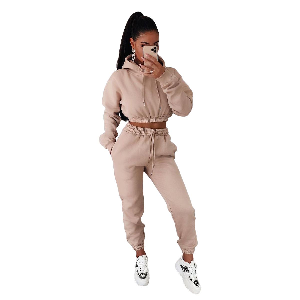Women's Velvet Hooded Sweatshirt Casual Two-Piece Suit European American Style Autumn Winter Plus Size Clothing_ecoleips.com