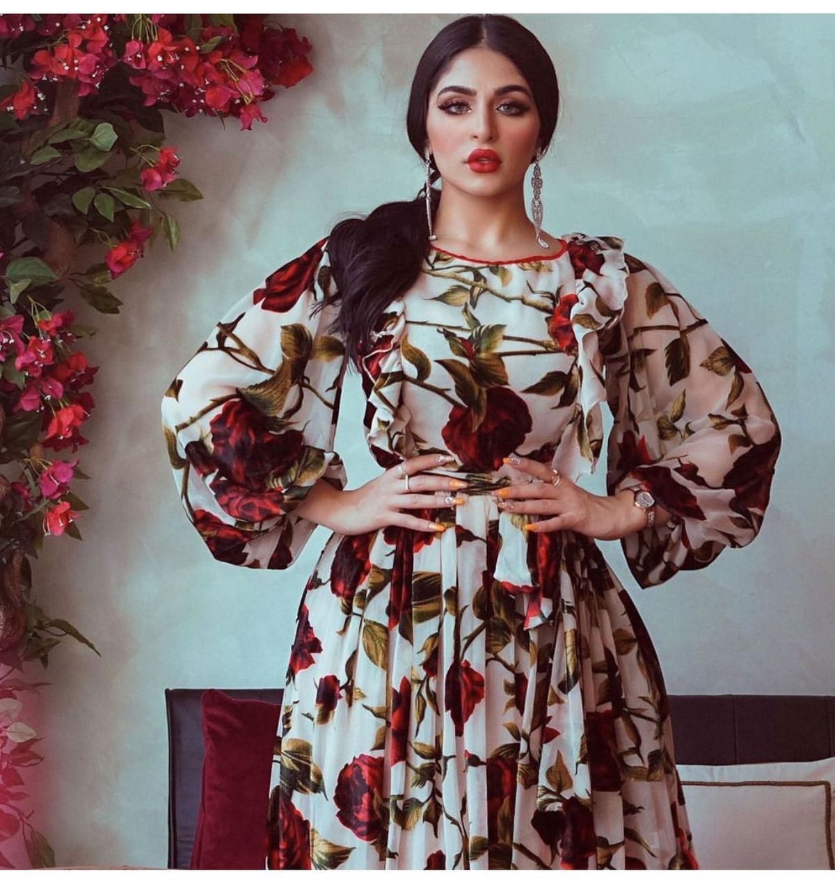 Muslim-Friendly Bohemian Floral Print Dress Short Ruffle Sleeve Waist Tie Rose Pattern Breathable Polyester Blend S XL_ecoleips.com