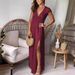 Women's Deep V Neck Long Dress Short Sleeve High Waist Pleated Slit Club Party Evening Solid Color_ecoleips.com
