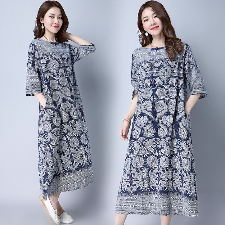 Vintage Original Cotton-linen Robe, Artistic Clothing, Ethnic Style Blue And White Porcelain Loose Linen Dress, Women's_ecoleips.com