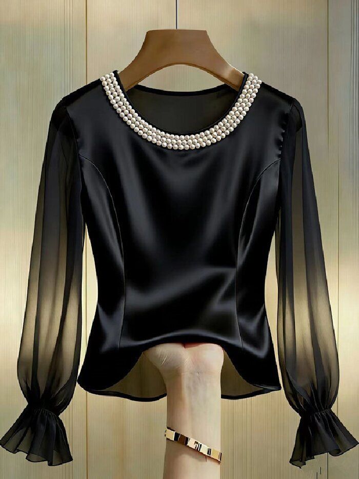 Women's Satin Pearl Neckline Sheer Mesh Blouse – Elegant See-Through Lace Top (S-XXL, Green/Black/White/Champagne Pink)_ecoleips.com