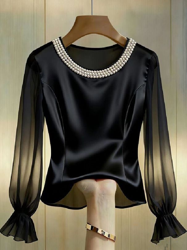 Women's Satin Pearl Neckline Sheer Mesh Blouse – Elegant See-Through Lace Top (S-XXL, Green/Black/White/Champagne Pink)_ecoleips.com