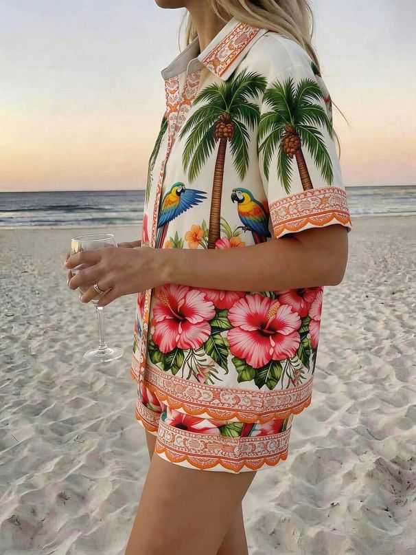 Women's Summer Casual Loose Hawaiian Beach Style Printed Collared Shirt And Shorts Suit European And American Resort Fashion_ecoleips.com