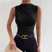 2024 Spring Summer New Fashion Versatile Solid Color Ruched Sleeveless Pullover Half High Neck T-Shirt For Women_ecoleips.com