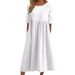 Summer Cotton Linen Blend Casual Dress Women's round Neck Short Sleeve Pocket Detail Pleated Loose Fit Independent Station Design 2025_ecoleips.com