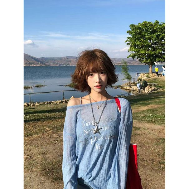 American-style Shirt For Women, Popular Spring-summer Fashion, Off-shoulder Long-sleeve Sun Protection Cover-up, Loose_ecoleips.com