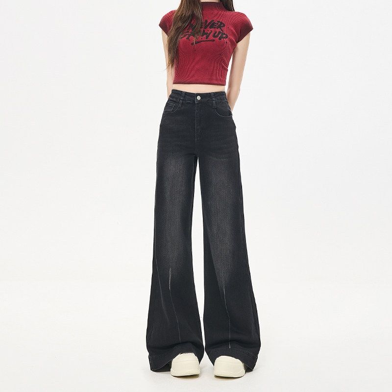 Black And Gray Wide-leg Jeans For Women, 2025 Winter New Style, High-waisted, Loose Fit, Pear-shaped, Slimming,_ecoleips.com