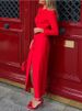 Freeacy 2025 Women Red Temperament Dress Round Neck Long Sleeves Single-breasted Dresses H-line Splited Elegant Evening Dress_ecoleips.com