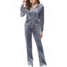 Women's Gold Velvet Two Piece Set Fall Winter Wide Leg Pants With Zipper Hooded Sweatshirt_ecoleips.com