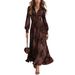 Women's Clothing Retro Print Long Dress Fashion Slim Waist V Neck Puff Sleeve Women's Clothing_ecoleips.com