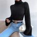 Winter Fashion Women's High Neck Cropped Faux Fur Knit Sweater With Bell Sleeves For Streetwear Outfits (White/Black, S/M/L)_ecoleips.com