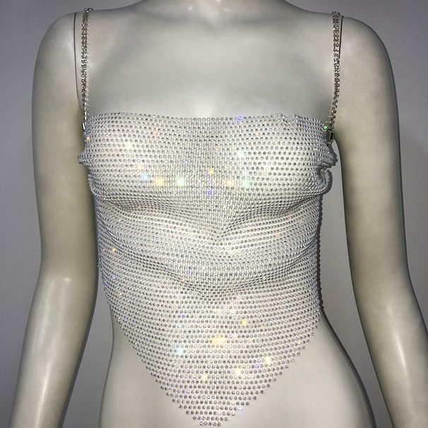 Women's Clothing Girl Rhinestone Fishnet Small Sling Nightclub Sexy Cool Top Female Diamond Chain Small Vest_ecoleips.com