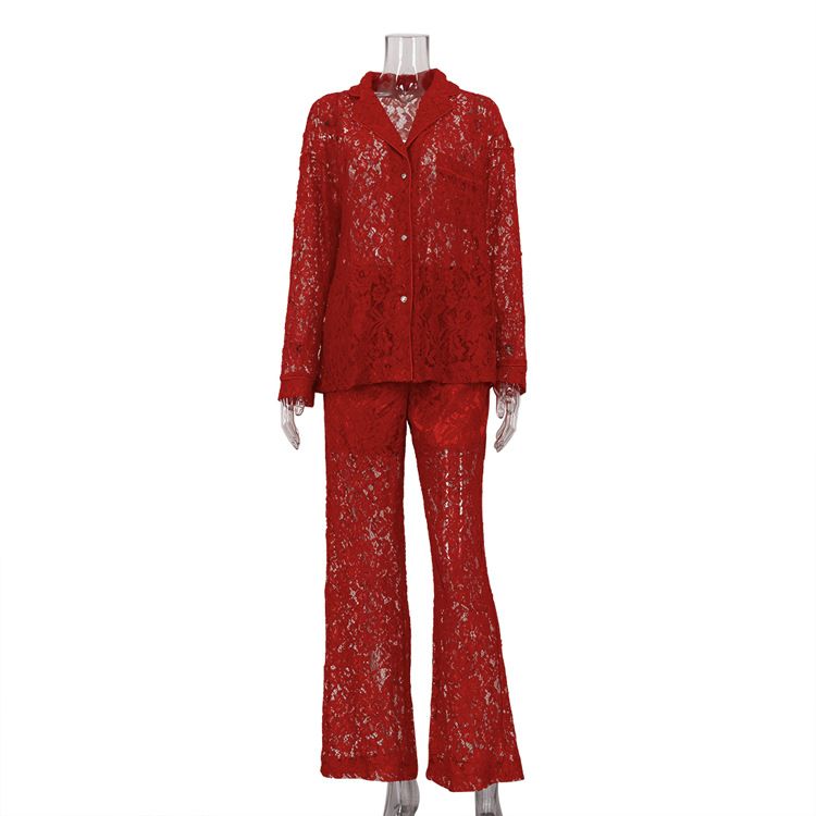 Women's Clothing New Lace See Through Two Piece Suits For Women Fashionable Lapel Shirts And Trousers Suits_ecoleips.com