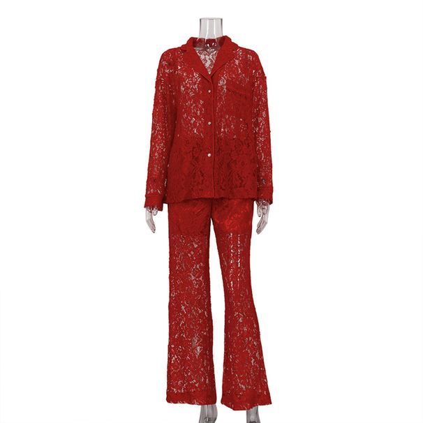 Women's Clothing New Lace See Through Two Piece Suits For Women Fashionable Lapel Shirts And Trousers Suits_ecoleips.com