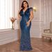 Fat Woman Deep V Neck Sequined Evening Dress European American Style Slim Fit Long Party Dress for Banquet Temperament_ecoleips.com