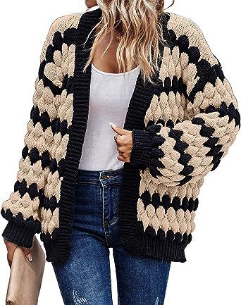 Oversized Batwing Sleeve Knit Cardigan - Chunky Cable Striped Sweater Coat For Women (Color Block Design)_ecoleips.com
