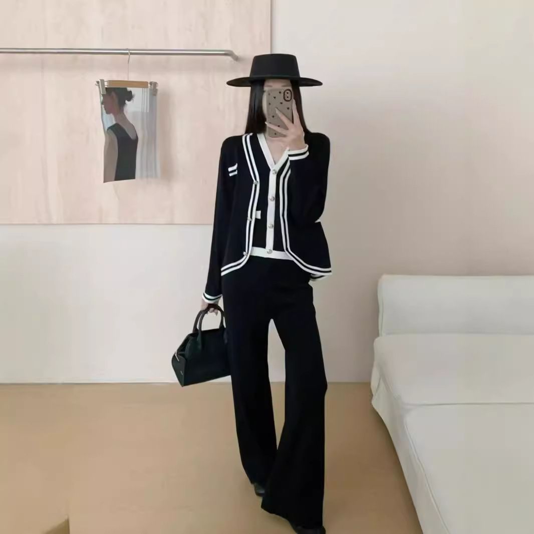 Women's Clothing Autumn Fashionable Autumn Knit Suit Set – Oversized Vest + Wide-Leg Pants (One Size, Black/Beige/Khaki, Office & Casual Outfit)_ecoleips.com