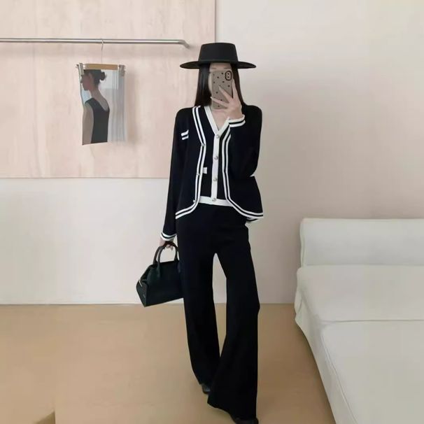 Women's Clothing Autumn Fashionable Autumn Knit Suit Set – Oversized Vest + Wide-Leg Pants (One Size, Black/Beige/Khaki, Office & Casual Outfit)_ecoleips.com