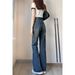American Retro Washed Blue Micro-flared Jeans For Women, Spring High-waisted Slimming Straight Elastic Wide-leg Long_ecoleips.com