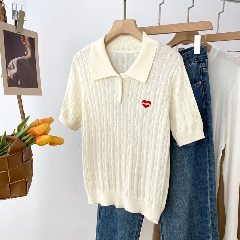 Women's Polo Knit Short Sleeve Top Casual Crewneck Shirt Silk Wool Blend Embroidered Heart Design for Spring And Fall_ecoleips.com