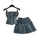 Retro Denim Strapless Vest And Pleated Skirt Two-Piece Set For Women Slim Fit Summer Outfit Youthful And Flattering_ecoleips.com
