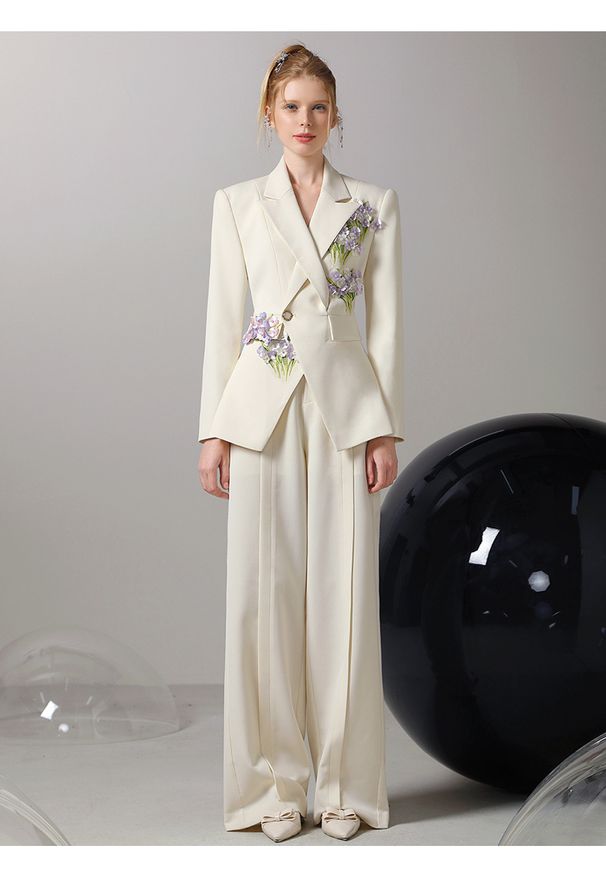 Women’s Floral Wide-Leg Pantsuit Set – Elegant Two-Piece Outfit For Work & Casual (S-L, Off-White)_ecoleips.com