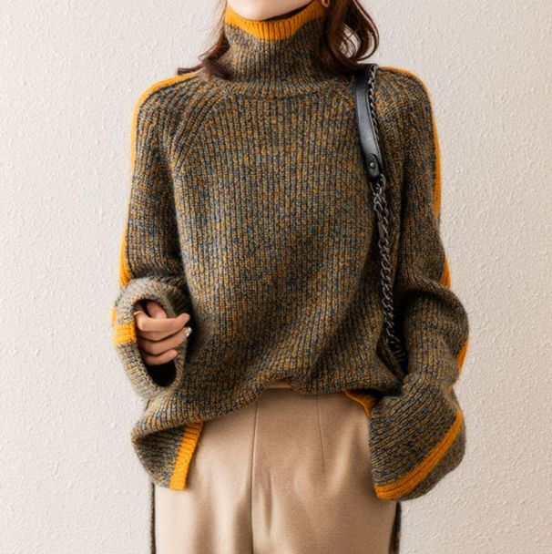 girl High Neck Women, Thickened Retro Autumn And Winter Japanese Style, New Loose Fit, Color-Block Knitted Sweater For_ecoleips.com
