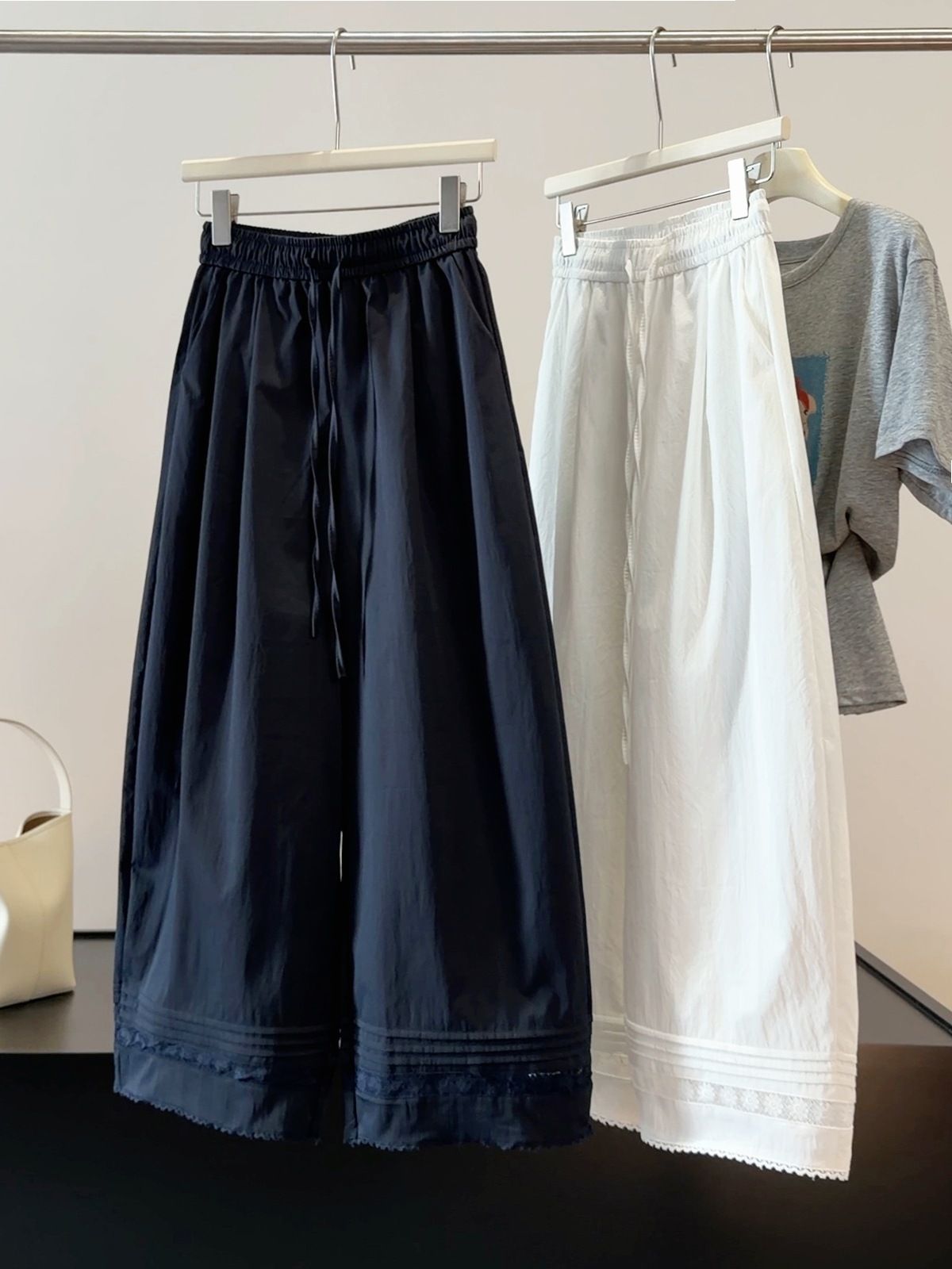 Women's Lace Trimmed Wide Leg Pants Loose Fit Quick Drying Chic Cropped Casual Summer Fashionable Bottoms_ecoleips.com