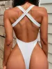 Sexy Solid Cross Backless Swimsuit One Piece Bikini Thong Swimwear Bodysuits Women Biquini Bathing Suits Black And White 2 Color_ecoleips.com