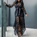 K01 New Women's Lace Hollowed Out Long Sleeved Stand Up Collar Tied Irregular Dress_ecoleips.com