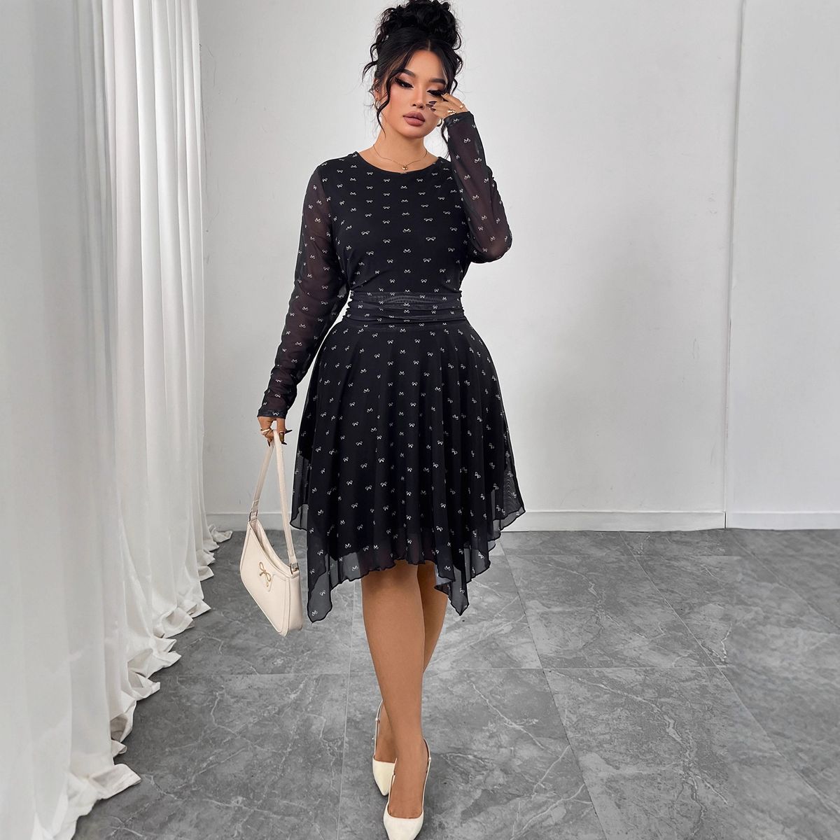 Elegant Bow-Print A-Line Dress – Slimming Black Dress With Flowy Chiffon Fabric_ecoleips.com